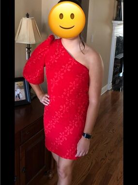 TCEC One-Shoulder Red Floral Jacquard Mini Dress